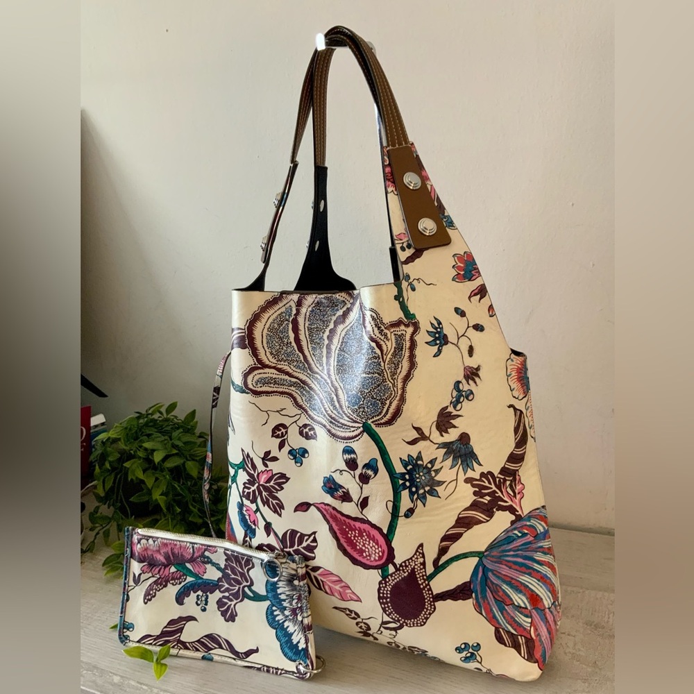 TORY BURCH RORY LARGE LEATHER HAPPY TIMES PRINTED TOTE W/POUCH - Picture 2 of 12